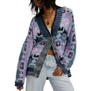 Free People Blue Belle Cardigan Moonrock Combo Blue and Purple Patterned